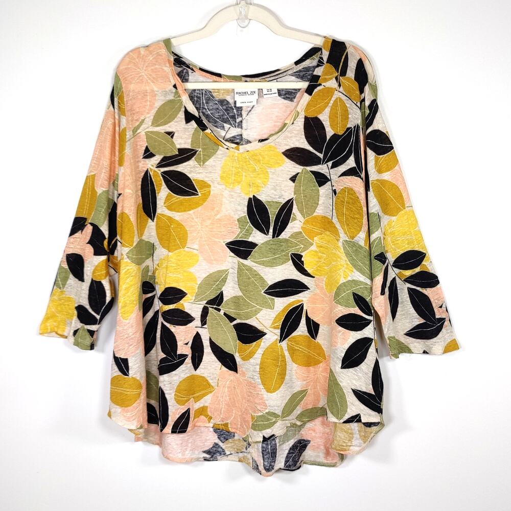 Rachel Zoe 100% Linen Botanical Floral Top Beige Multicolor 1X Resort Casual‎